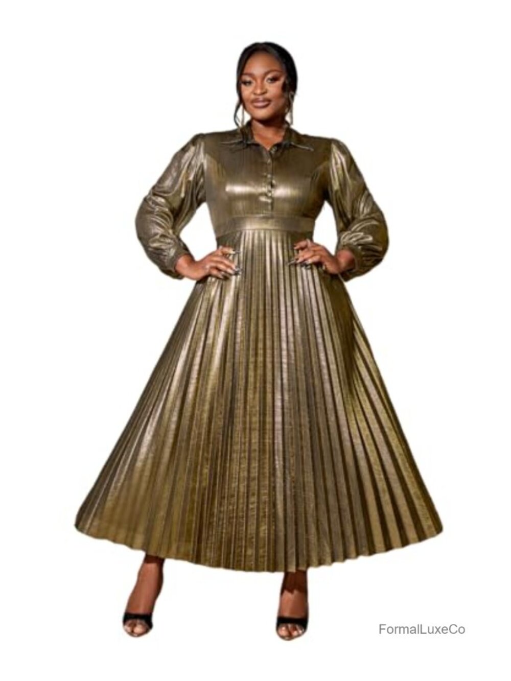 Women's Metallic Gold Button Down Pleated High Waist Maxi Dress with Puff Long